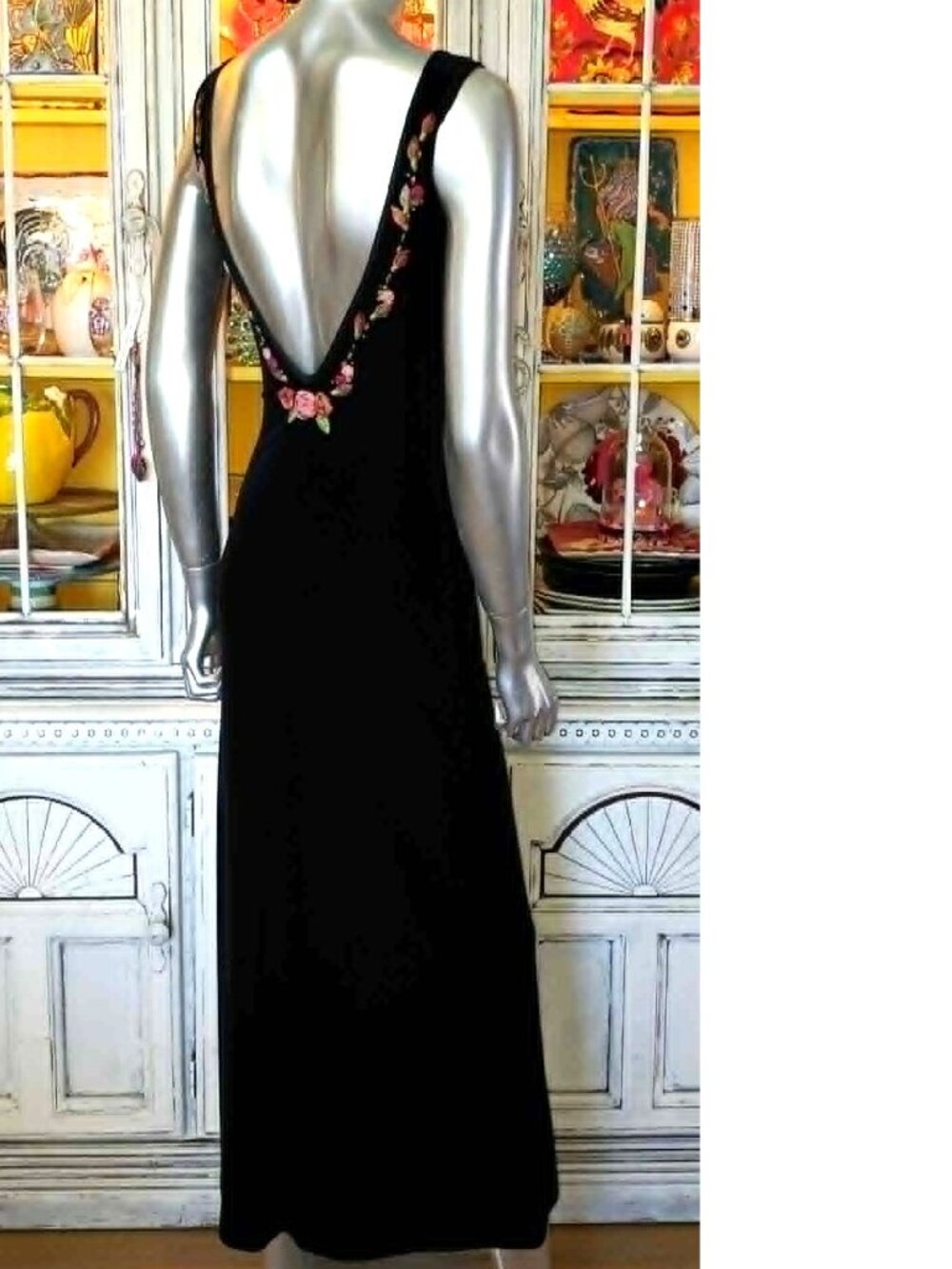 Vintage Betsey Johnson Slip Dress Evening 90s Black Velvet Backless Rose Floral - Picture 9 of 16